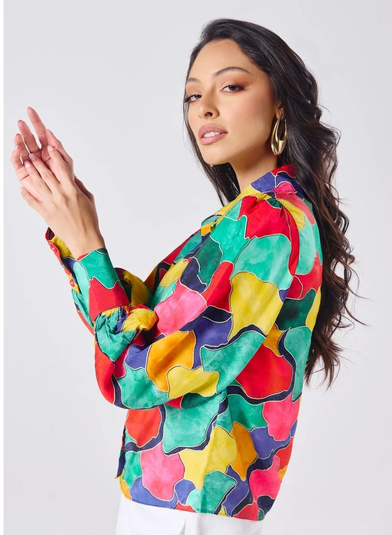 زجزاج قميص متعدد الألوان بأكمام منفوشة